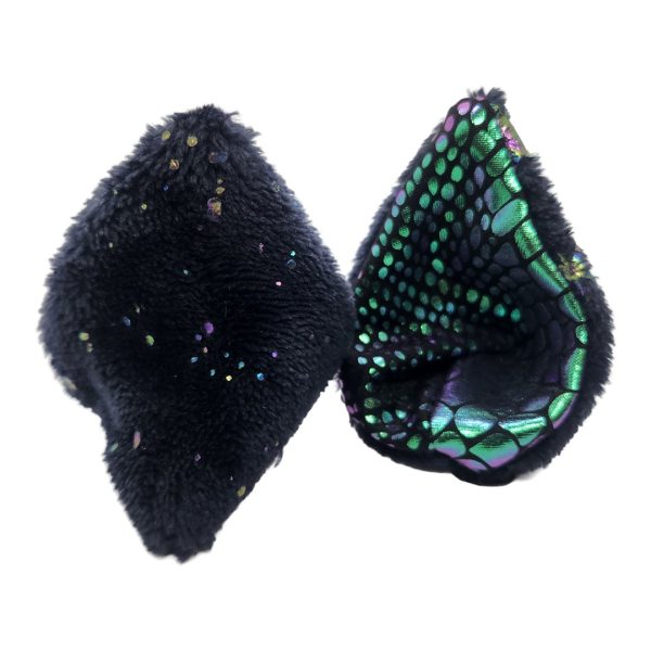 Fantasy dragon wing clip-on ears with holographic scales and dark blue faux fur trim | Pirate Spirit