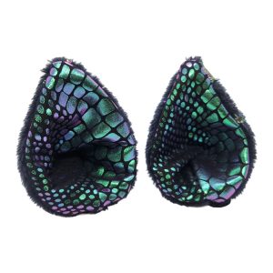 Fantasy dragon wing clip-on ears with holographic scales and dark blue faux fur trim | Pirate Spirit