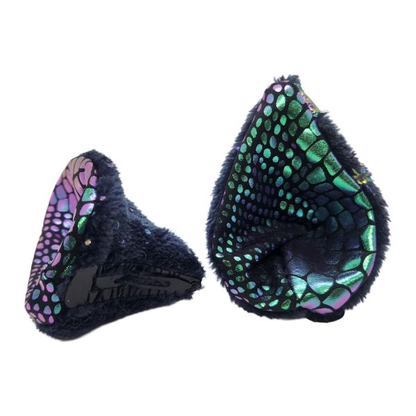 Fantasy dragon wing clip-on ears with holographic scales and dark blue faux fur trim | Pirate Spirit