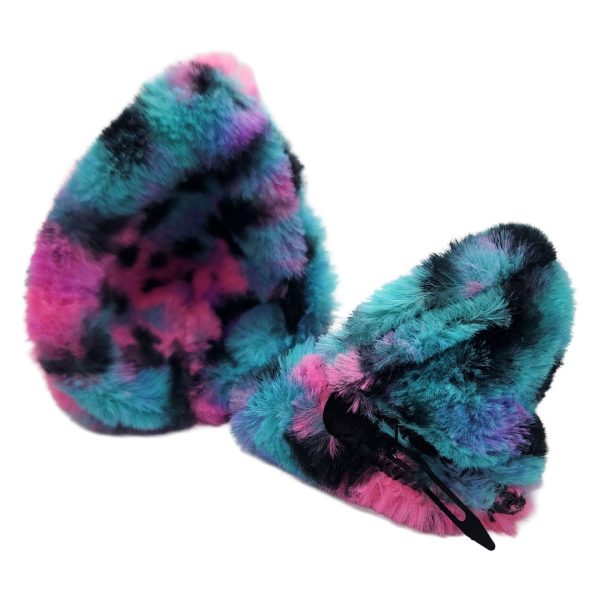 Handmade fluffy rainbow leopard clip-on cat ears in turquoise pink purple faux fur | Pirate Spirit