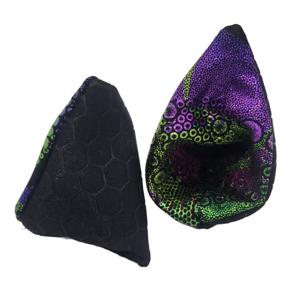 Handmade techno glitch clip-on ears black honeycomb holographic interior dark psytrance festival accessories | Pirate Spirit